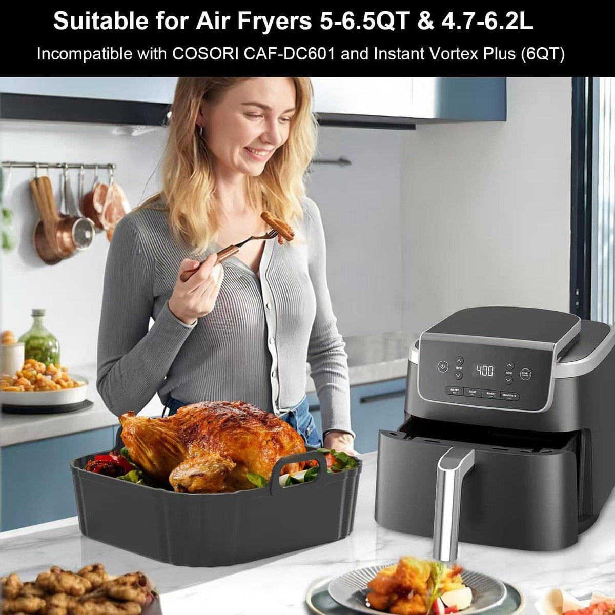 Black square silicone air fryer liner placed in a square basket