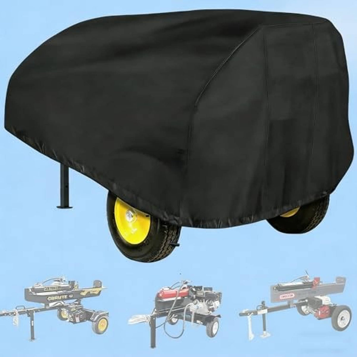 Black waterproof log splitter cover with domed hood and front wheel openings