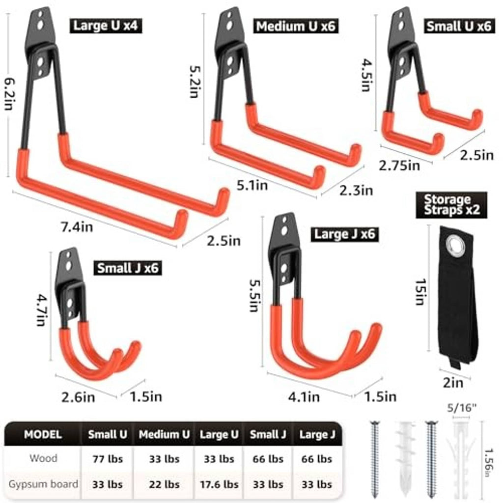 Garage hook size chart showing small, medium U, and large hook quantities