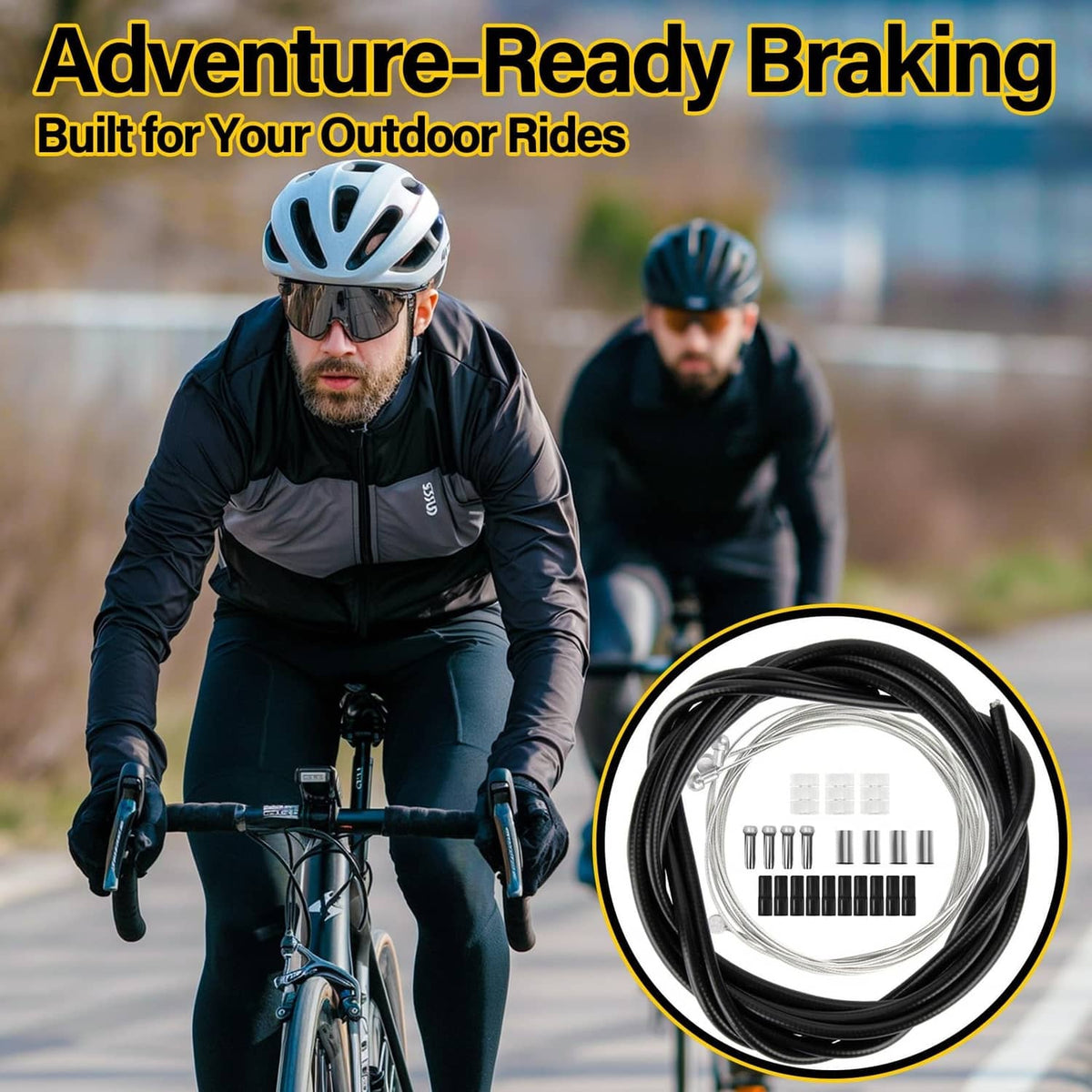 Adventure-ready brake cable kit showing black housing and silver inner wire bundle