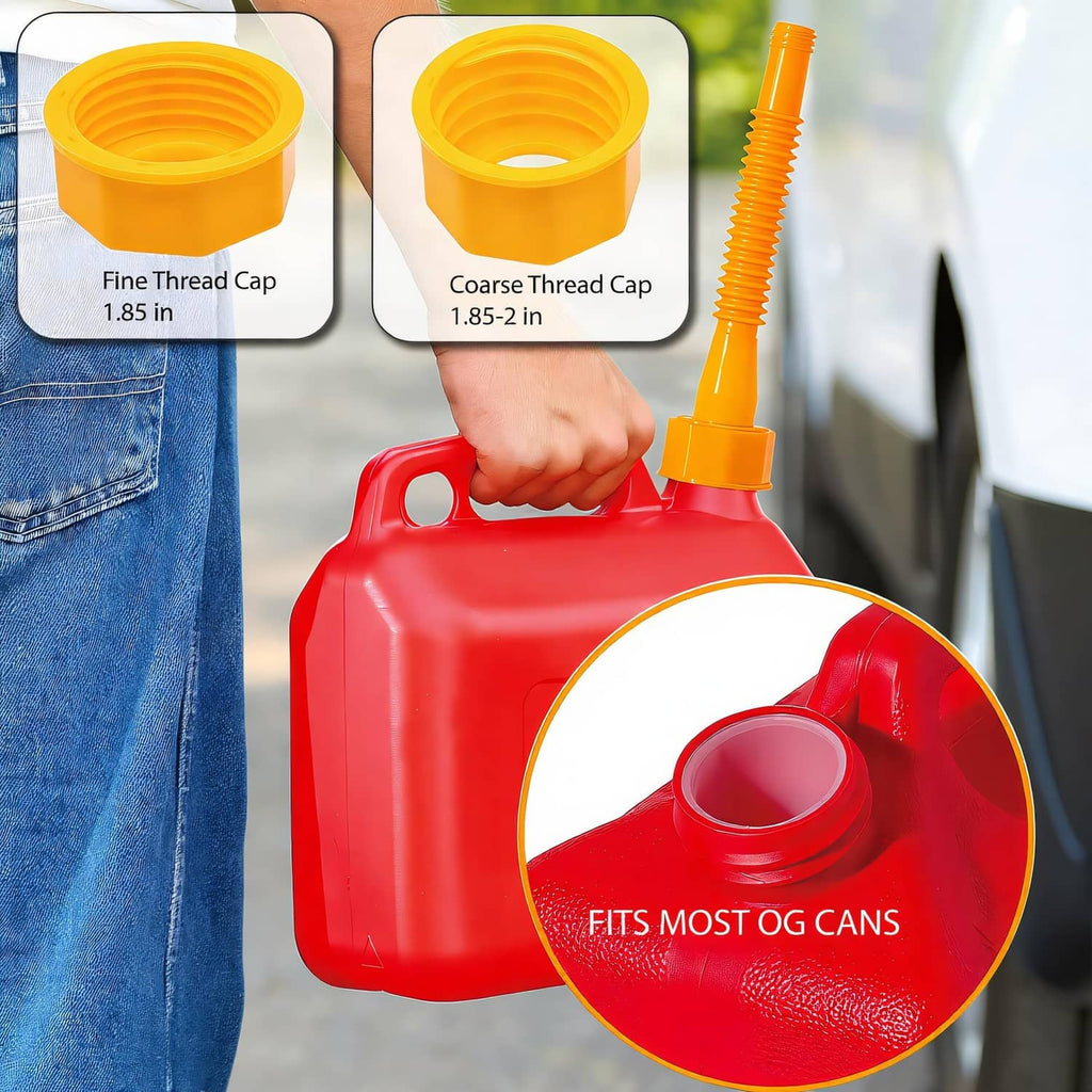 Yellow gas can spout replacement installed on a red gas can, showing vent cap openings