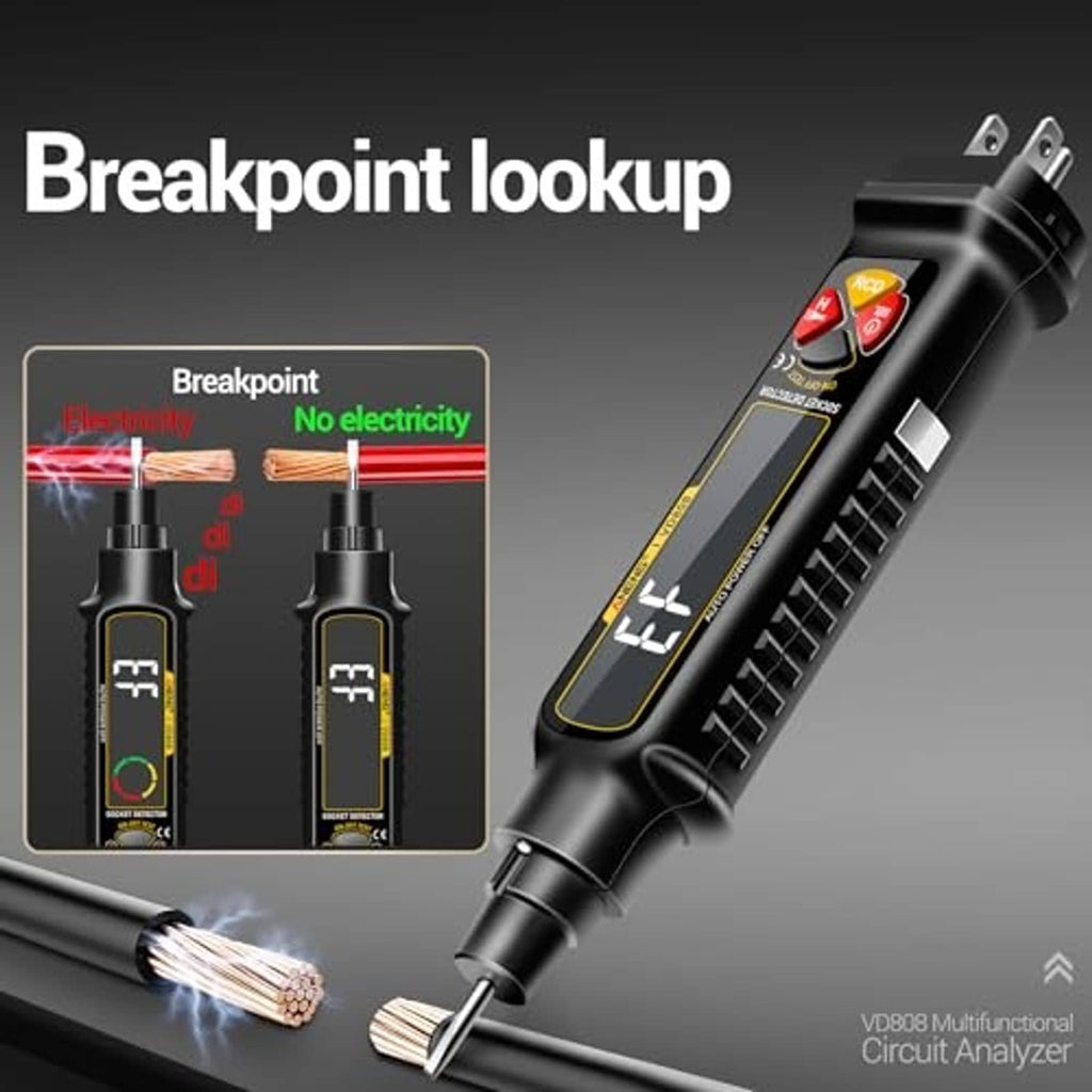 Black non-contact voltage tester with plug prongs and side digital voltage indicator