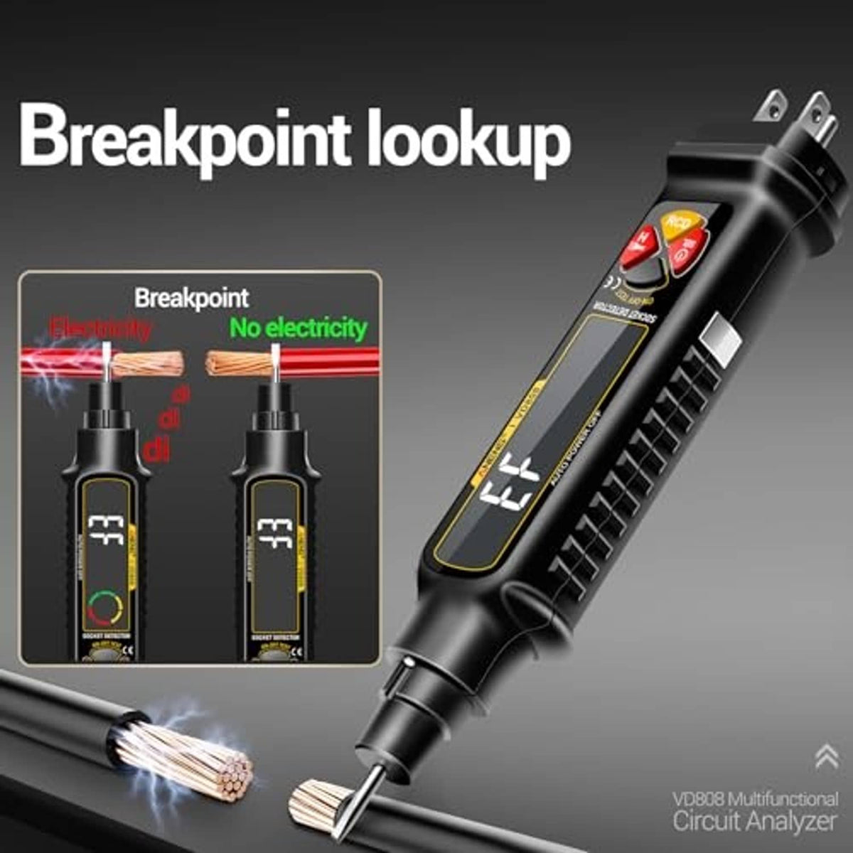 Black non-contact voltage tester with plug prongs and side digital voltage indicator