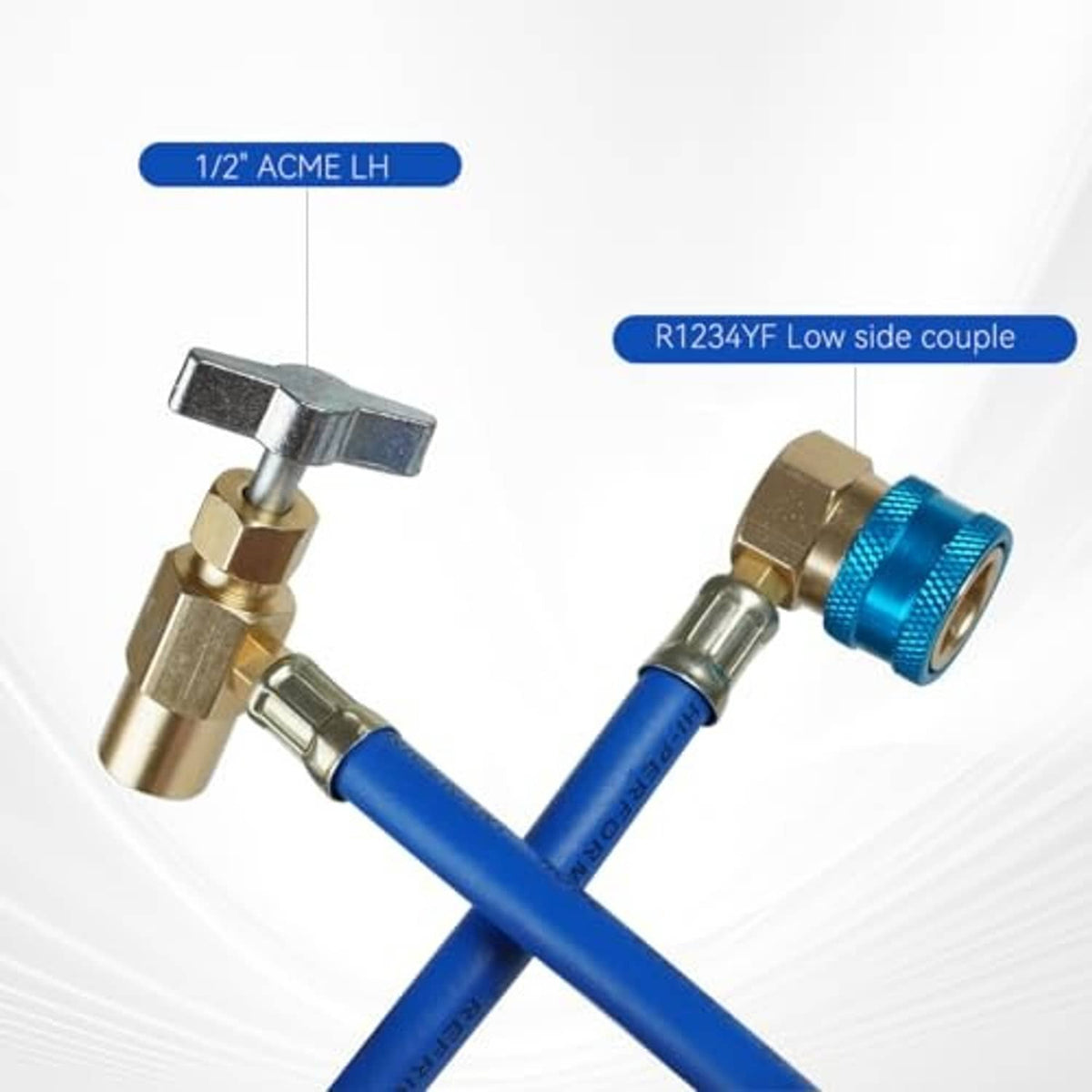 R1234YF low-side coupler and 1/2" ACME LH valve fittings on blue hose