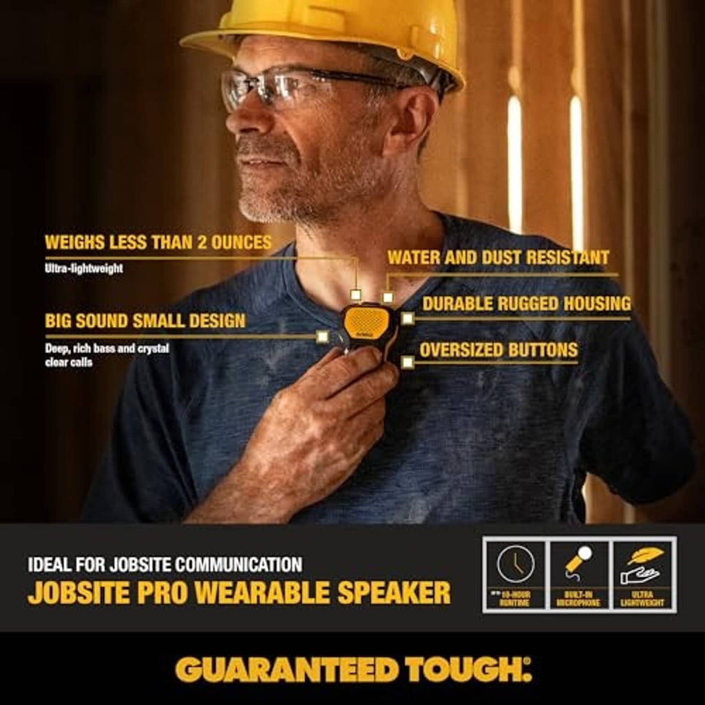 Yellow-grille wearable Bluetooth speaker with rugged black housing and buttons
