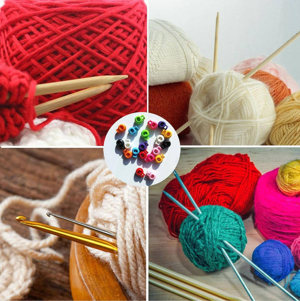 Assorted plastic knitting needle stoppers shown as a multicolor round selection.