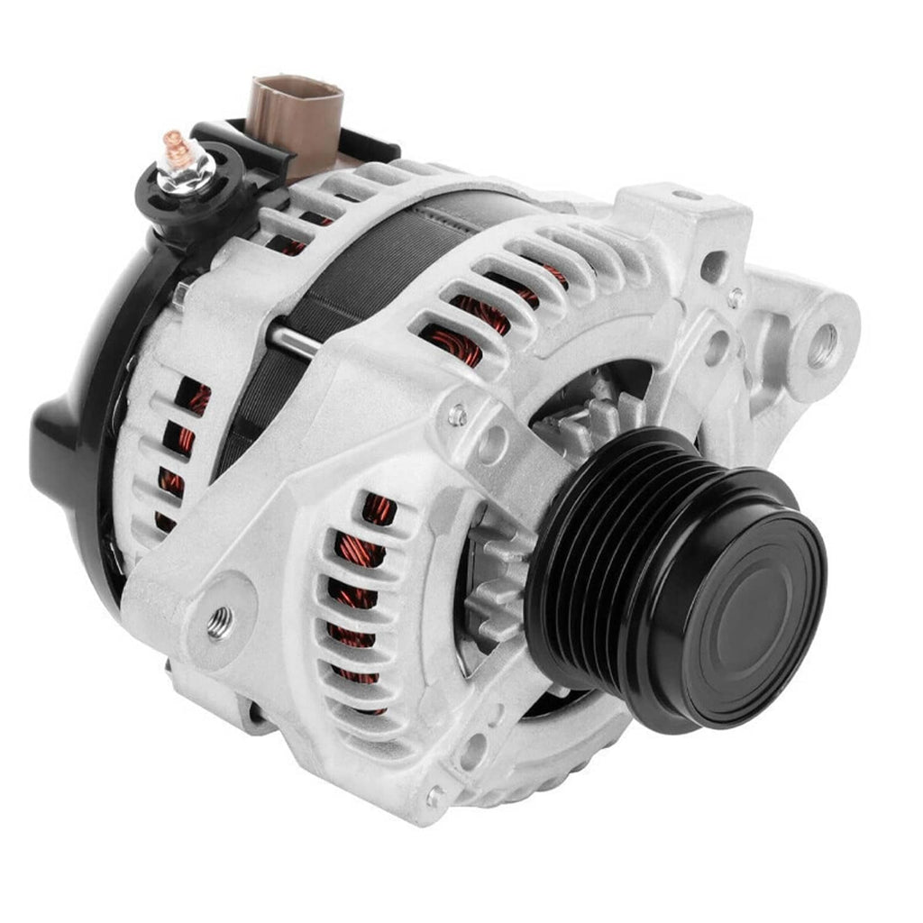 Alternator rear-side view with black pulley, vented housing, and mounting bolts