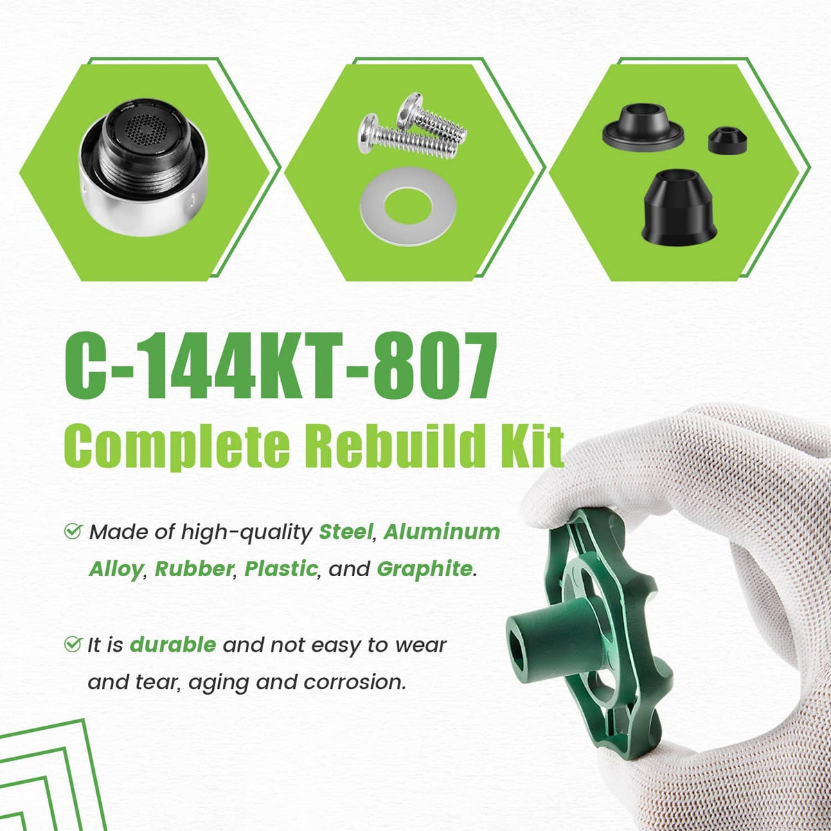 Complete rebuild kit parts: chrome cap, green wheel handle, black inserts, washers