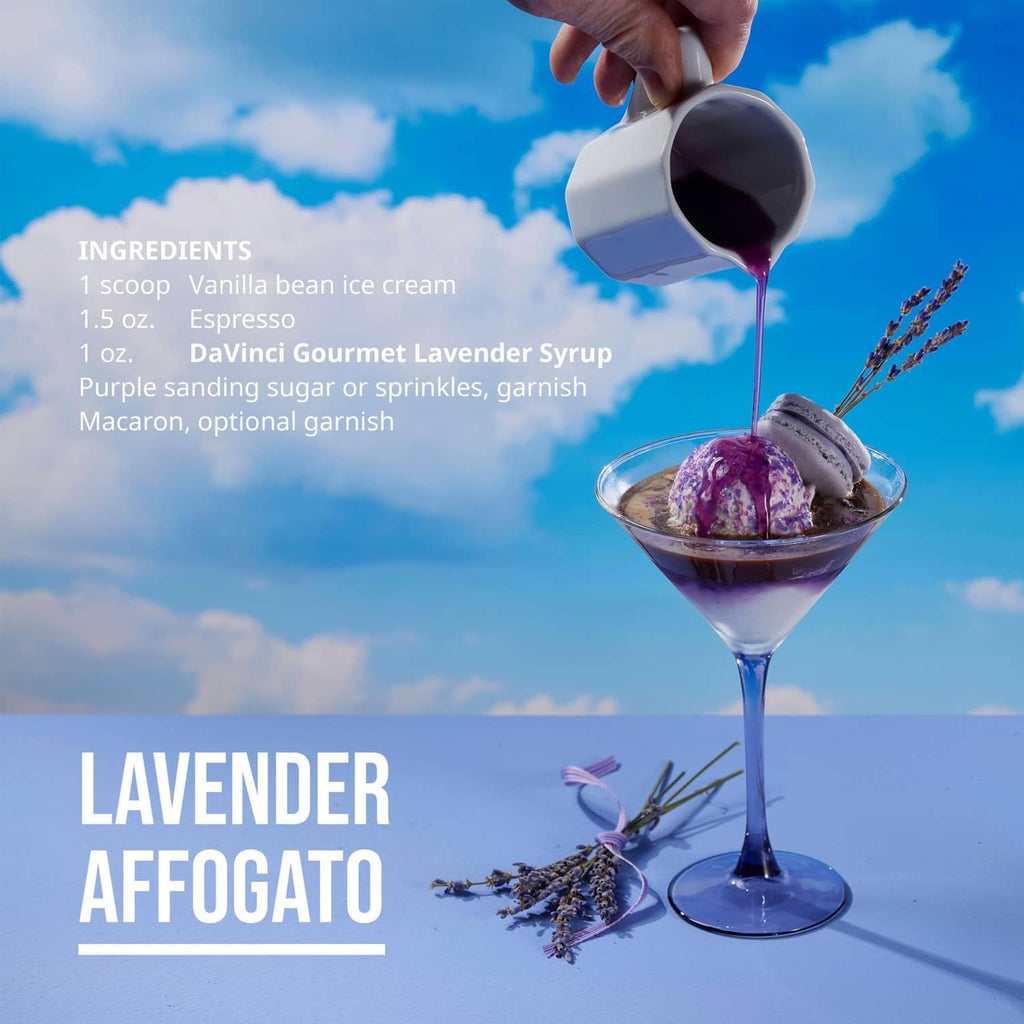 Lavender syrup pour over a glass with purple garnish and lavender sprigs