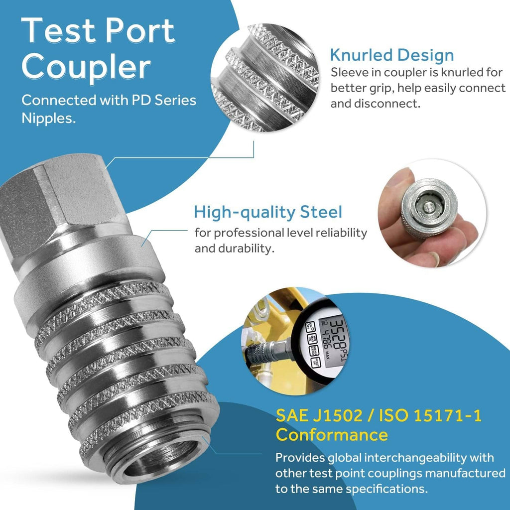 Silver steel test port coupler with knurled sleeve, hex body, and threaded connection end