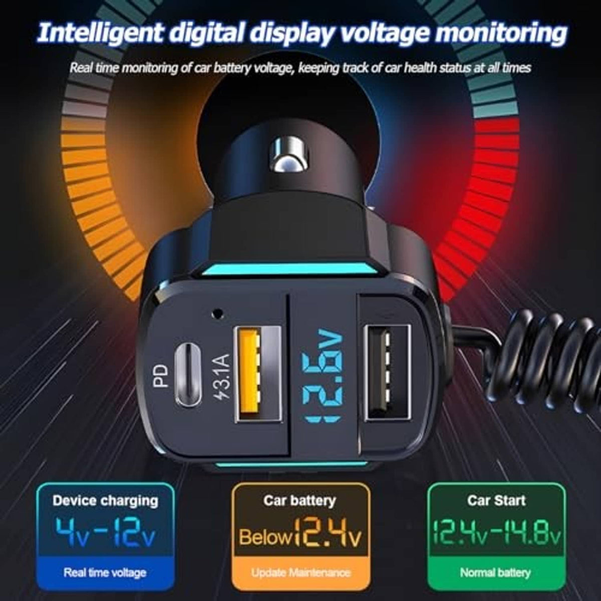 Black 3-port car charger close-up with digital voltage monitor and USB ports