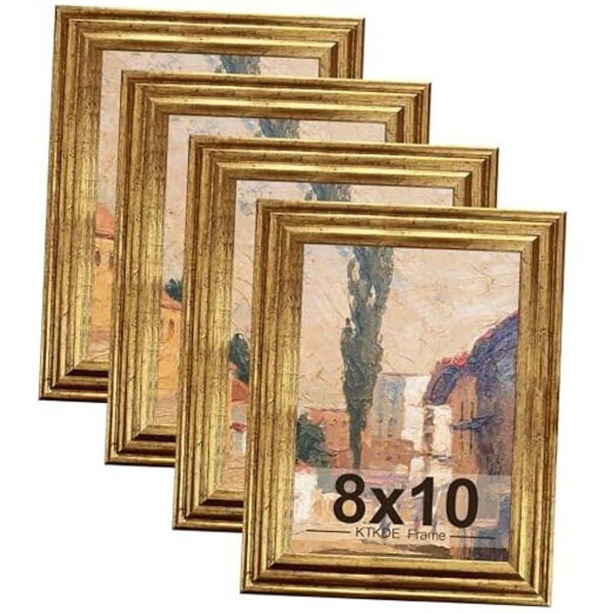 Set of 4 ornate gold 8x10 photo frames with vintage-style borders.