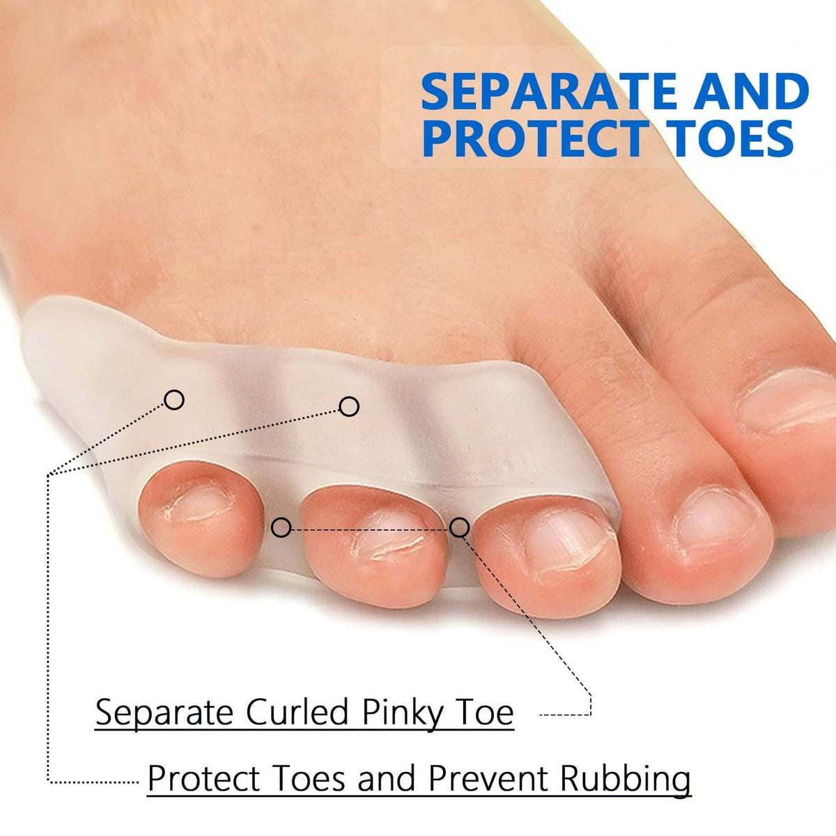 Silicone pinky toe separator, curved sleeve separating small toes for protection