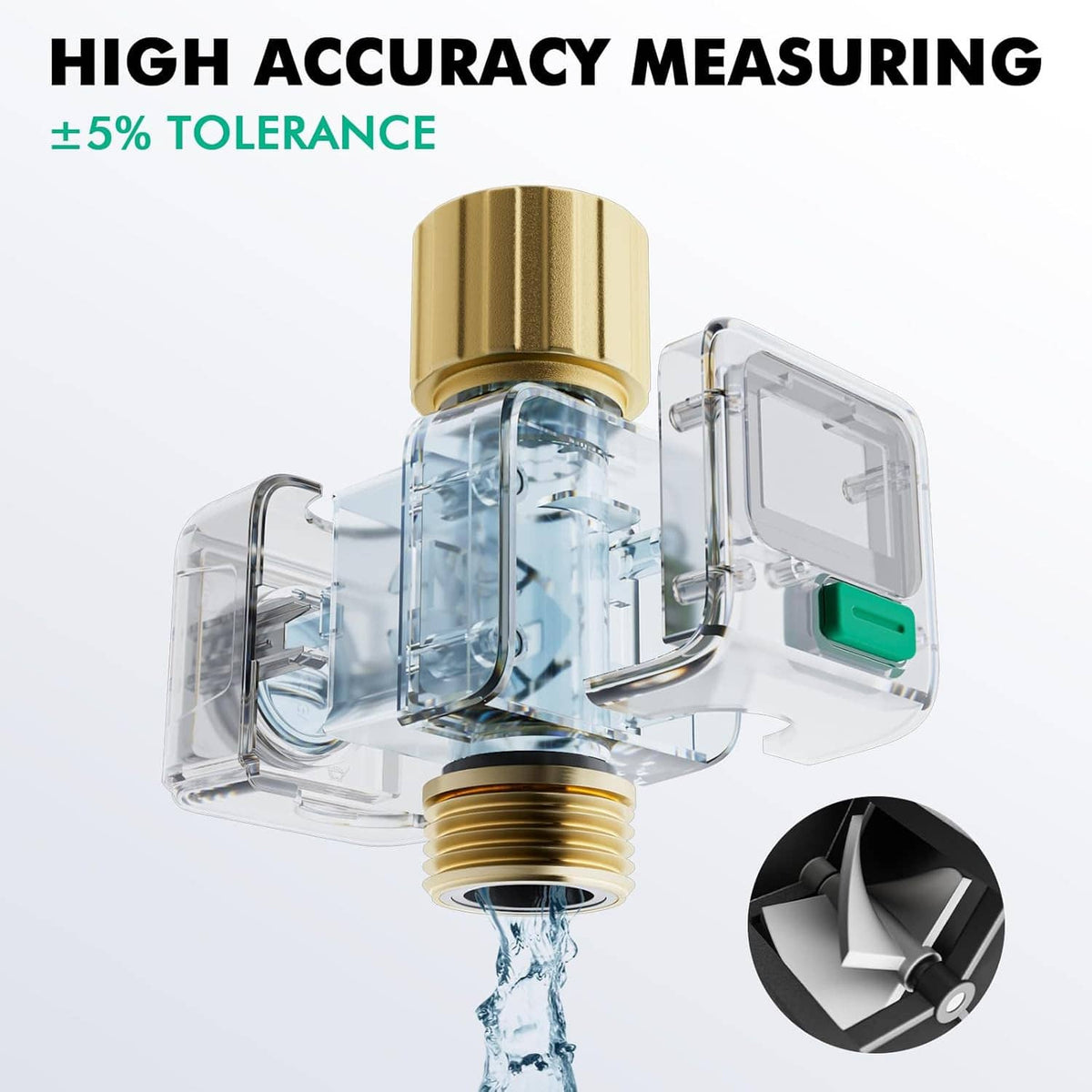 Water flow meter with transparent flow chamber and brass inlet/outlet, green button
