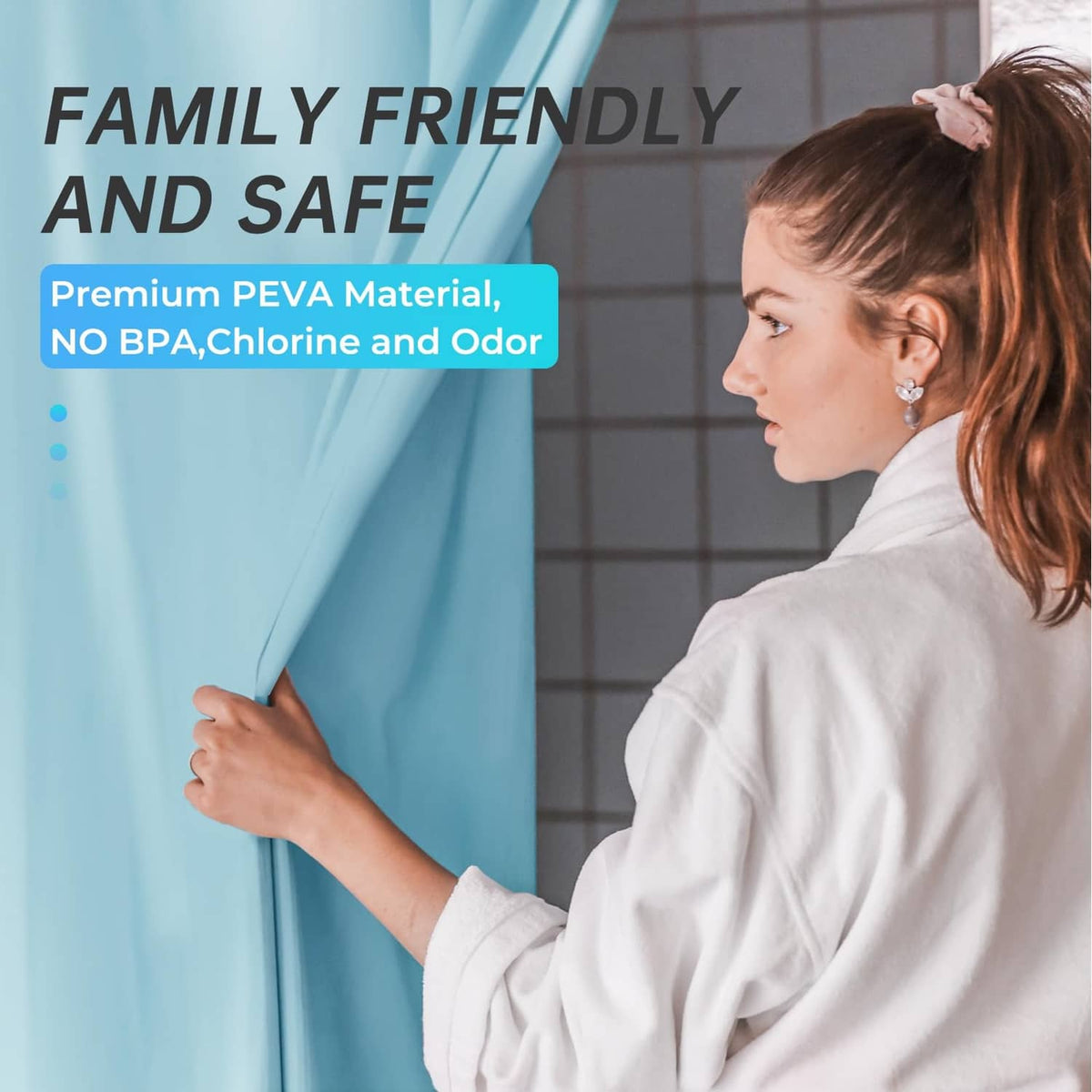 Teal shower curtain being pulled aside, showing a smooth, lightweight drape