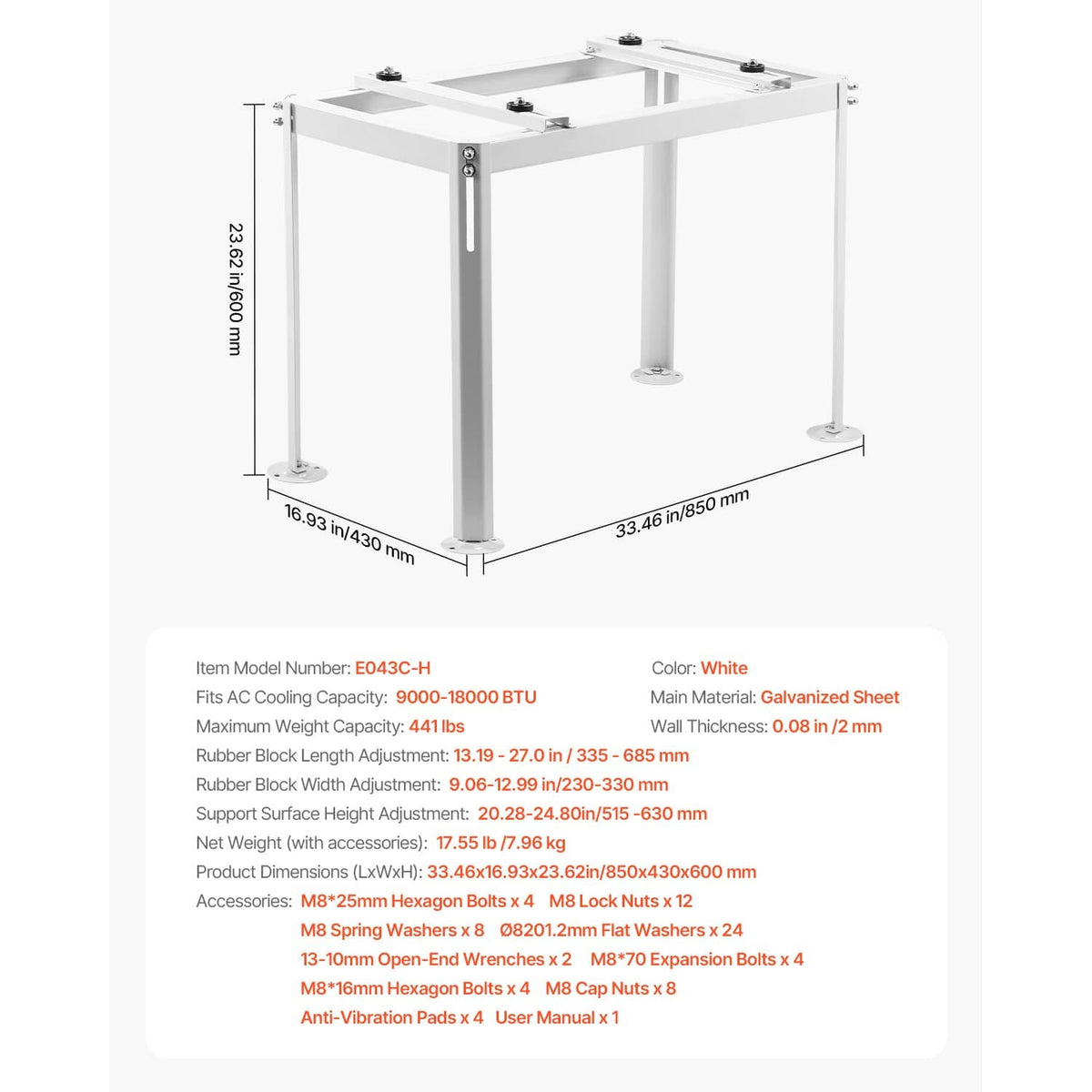 White mini split ground stand frame with four legs and top mounting points