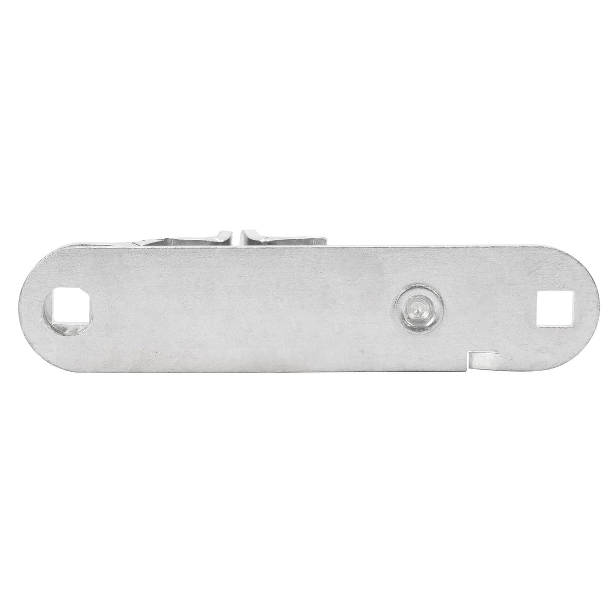 Steel flat latch keeper bar with two end mounting holes and center screw boss
