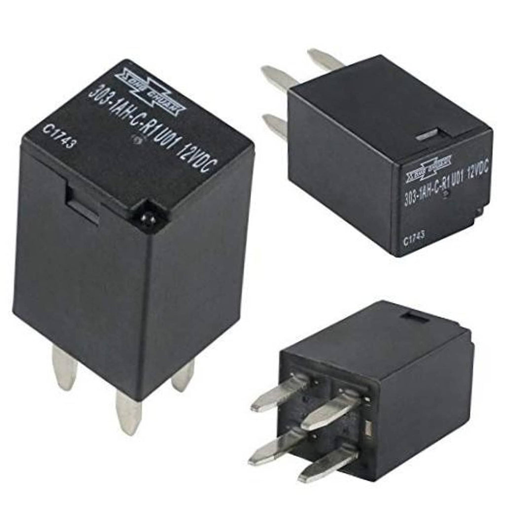 Black cooling fan relay with 4 metal pin terminals, rectangular housing and label markings.