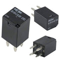 Black cooling fan relay with 4 metal pin terminals, rectangular housing and label markings.