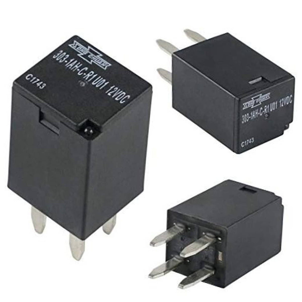 Black cooling fan relay with 4 metal pin terminals, rectangular housing and label markings.