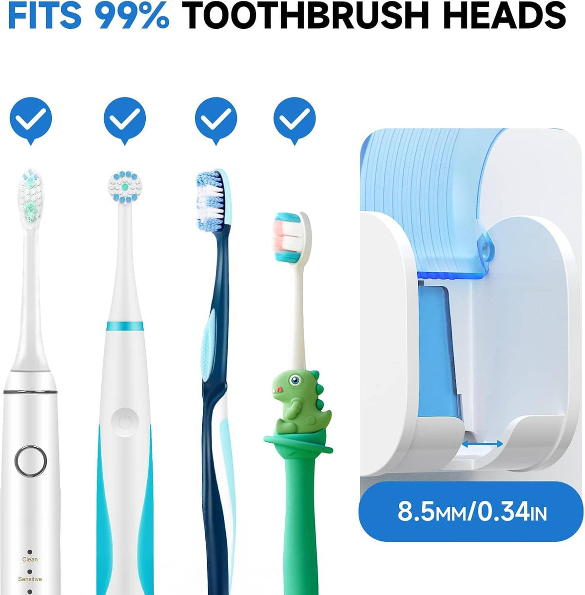 Toothbrush holder with compatible brush heads shown and 8.5mm opening size