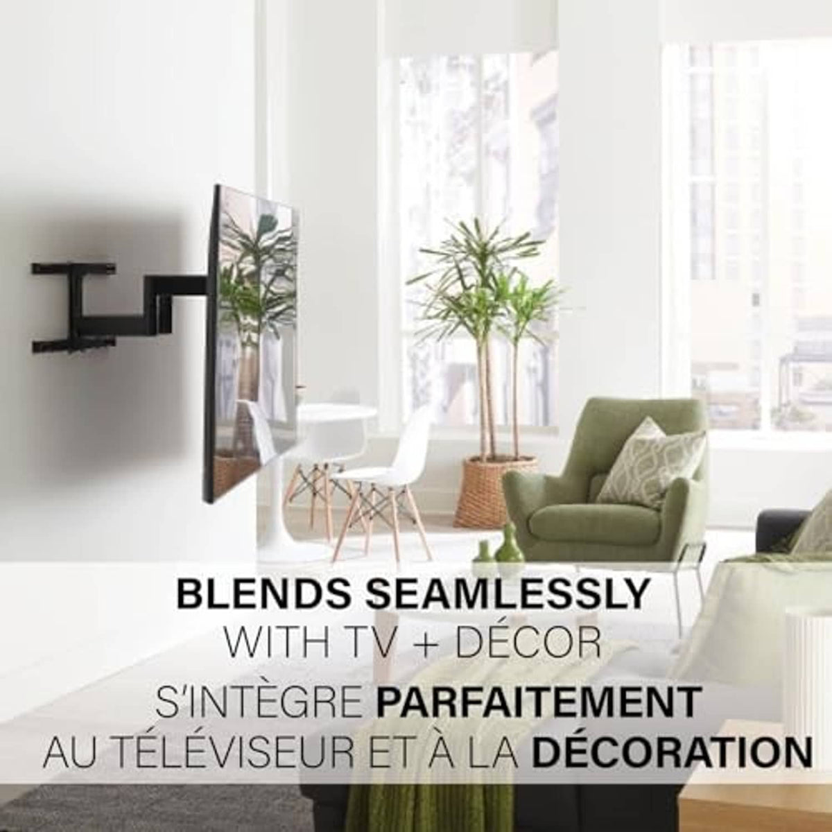 Black full-motion TV wall mount installed on wall with screen panel extended