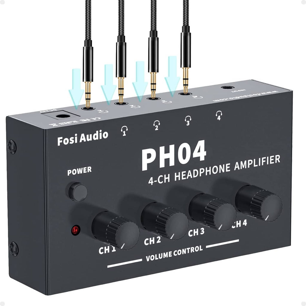 4-channel headphone amplifier with four front volume knobs and CH1–CH4 labeling