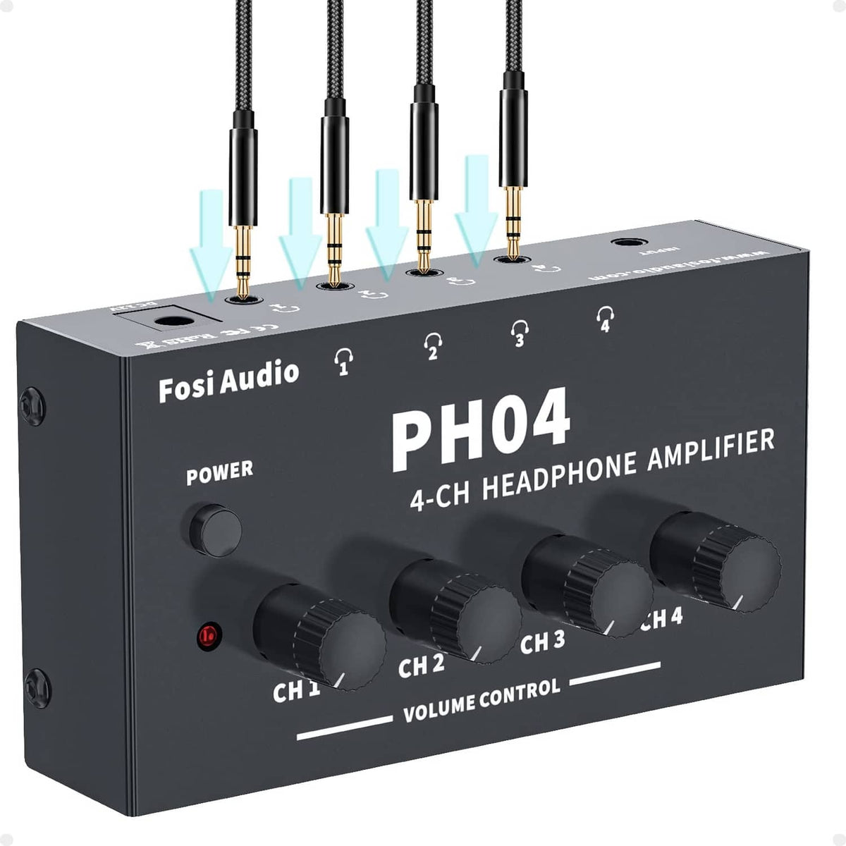 4-channel headphone amplifier with four front volume knobs and CH1–CH4 labeling