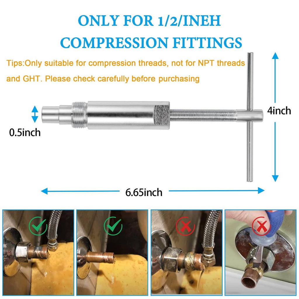 Compression sleeve remover tool for 1/2 inch compression fittings, long threaded bar.