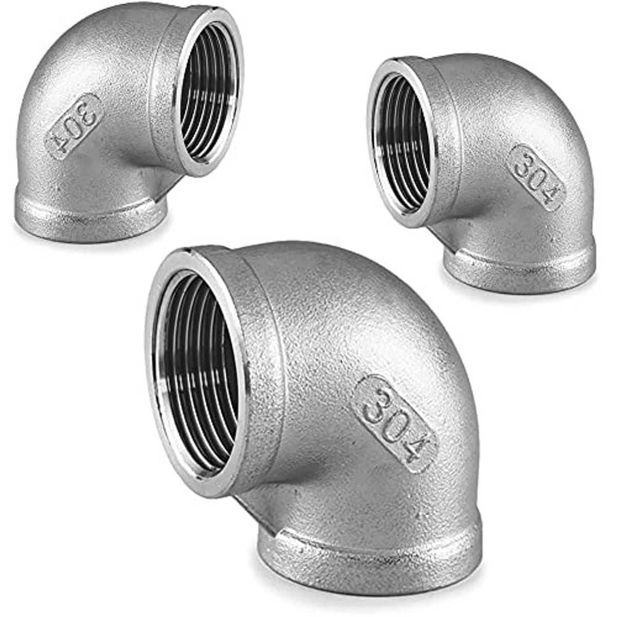 Set of stainless steel 90° elbow pipe fittings with 1/2 in female threads
