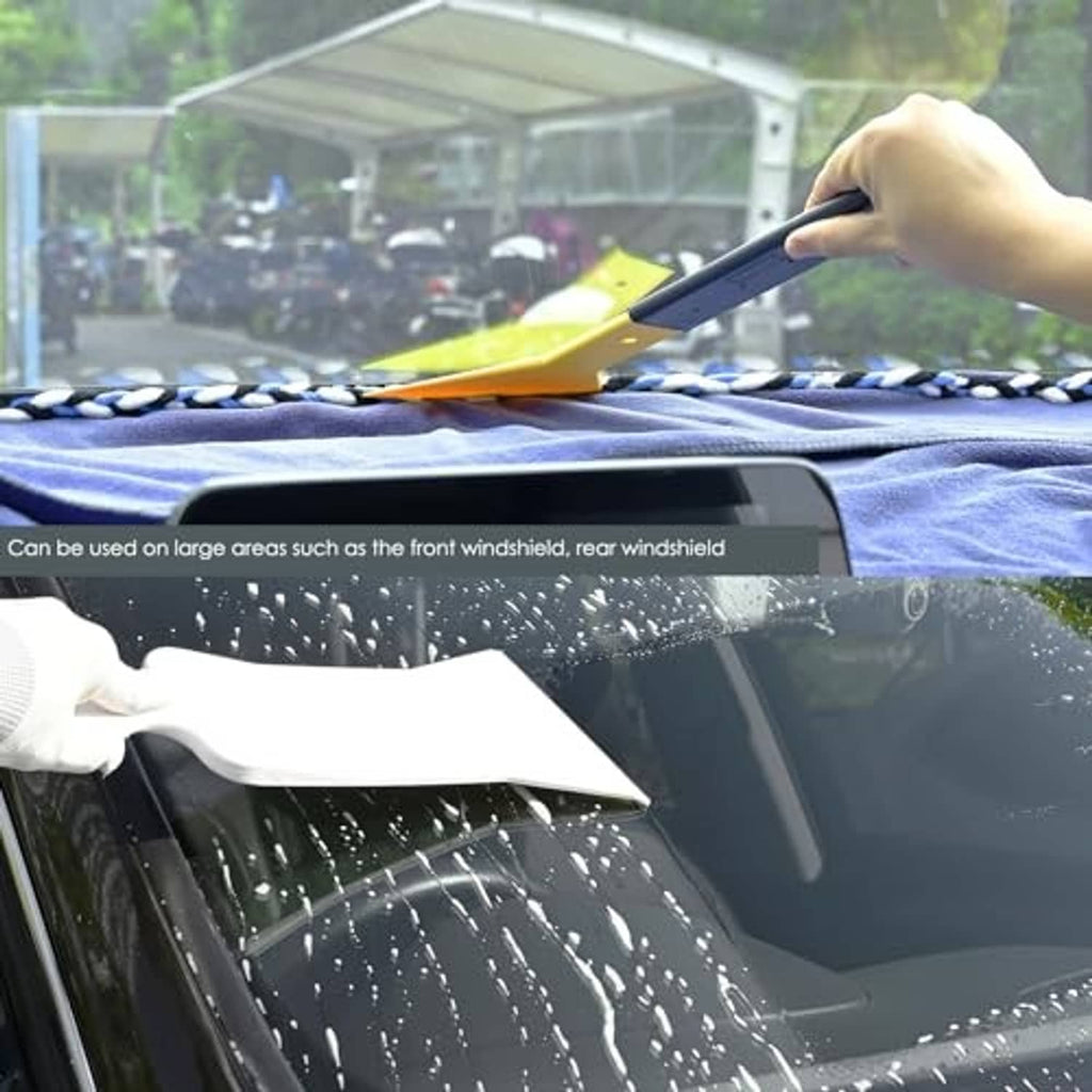 Window squeegee with blue handle used to spread tint on large windshield glass