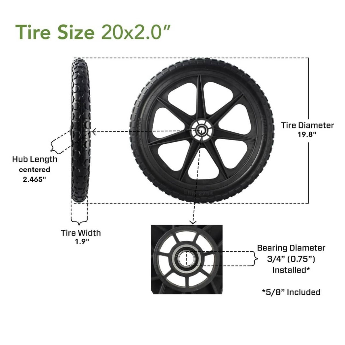 Flat-free 20-in tire size diagram with black wheel and tread