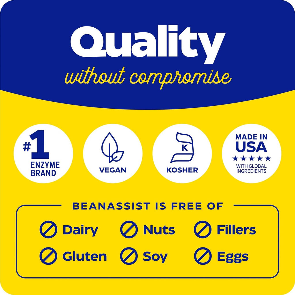 BeanAssist quality badges: vegan, kosher, made in USA, and free of dairy, nuts, fillers, gluten