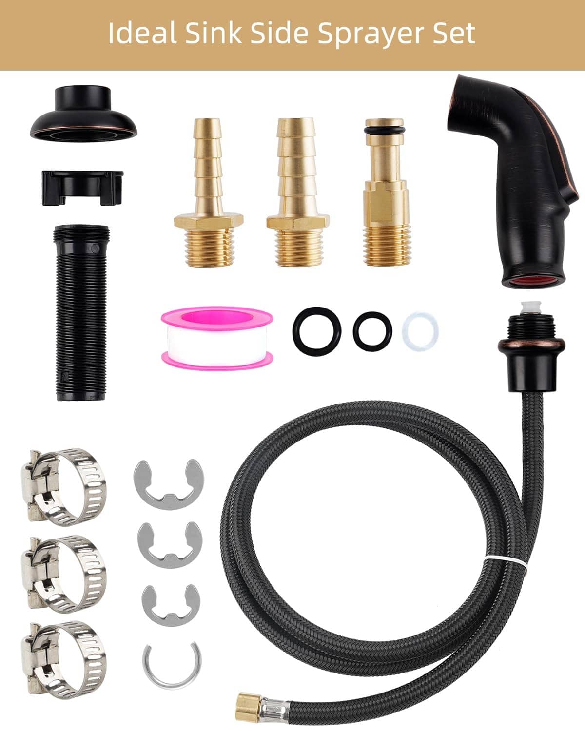 Universal sink side sprayer set with braided black hose, black head, bronze adapters