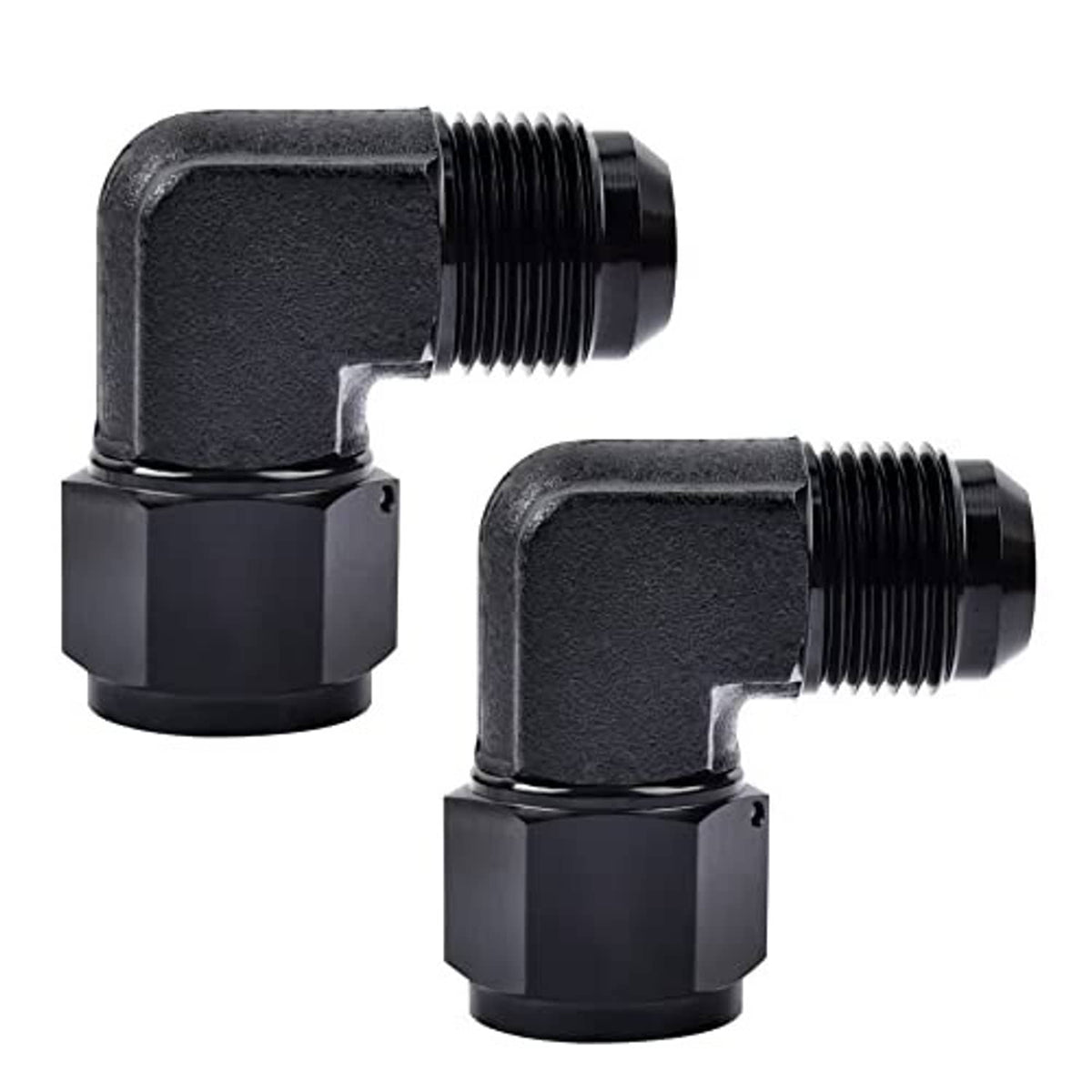 AN10 90-degree swivel flare adapter fitting with male threads, black finish