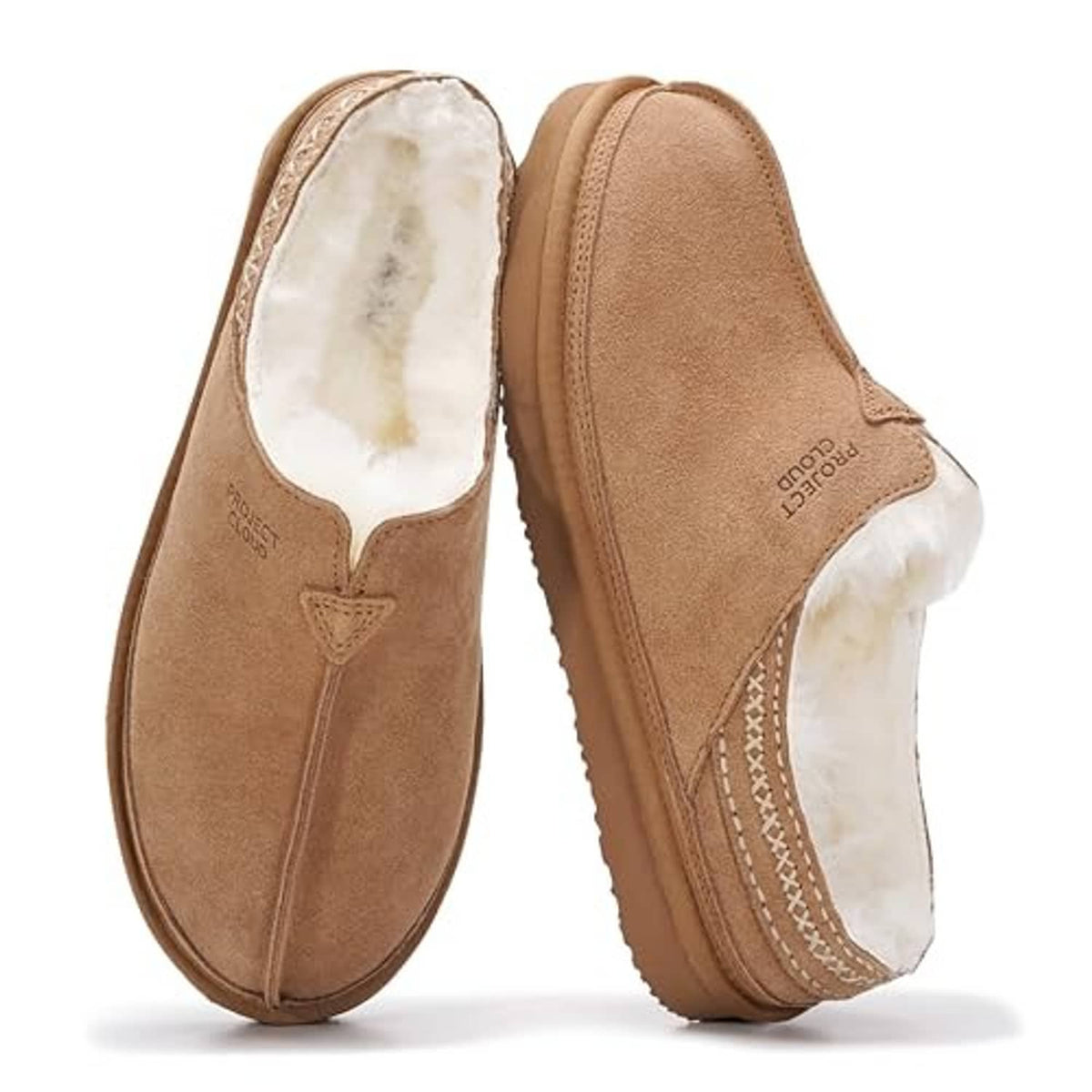 Men's chestnut suede shearling slippers, side view with white wool lining and curved topline
