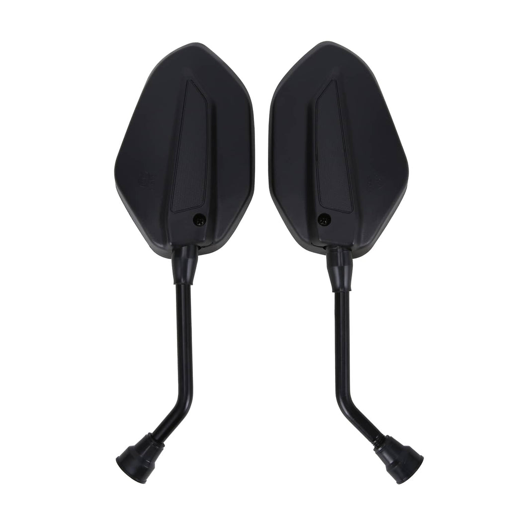 Close-up of two black oval ATV side mirror housings with mounting stems