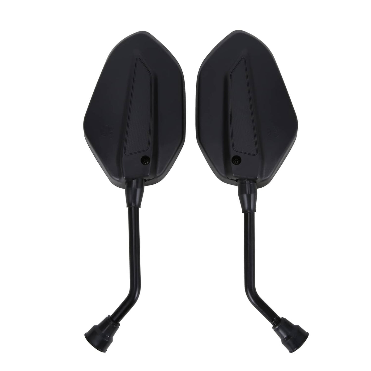 Close-up of two black oval ATV side mirror housings with mounting stems