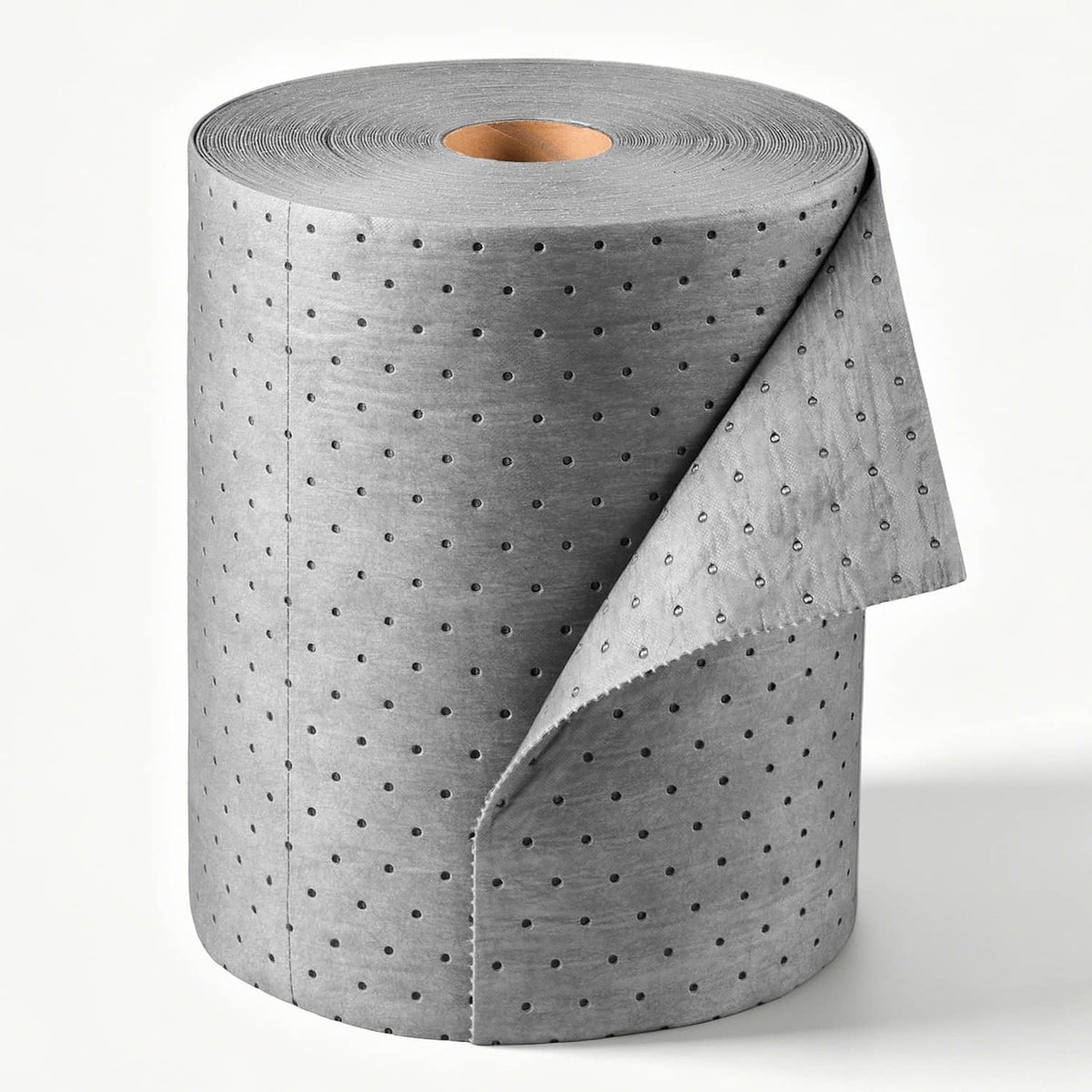 Oil and water absorbent roll, medium-duty gray pads with dotted pattern, wound on a core