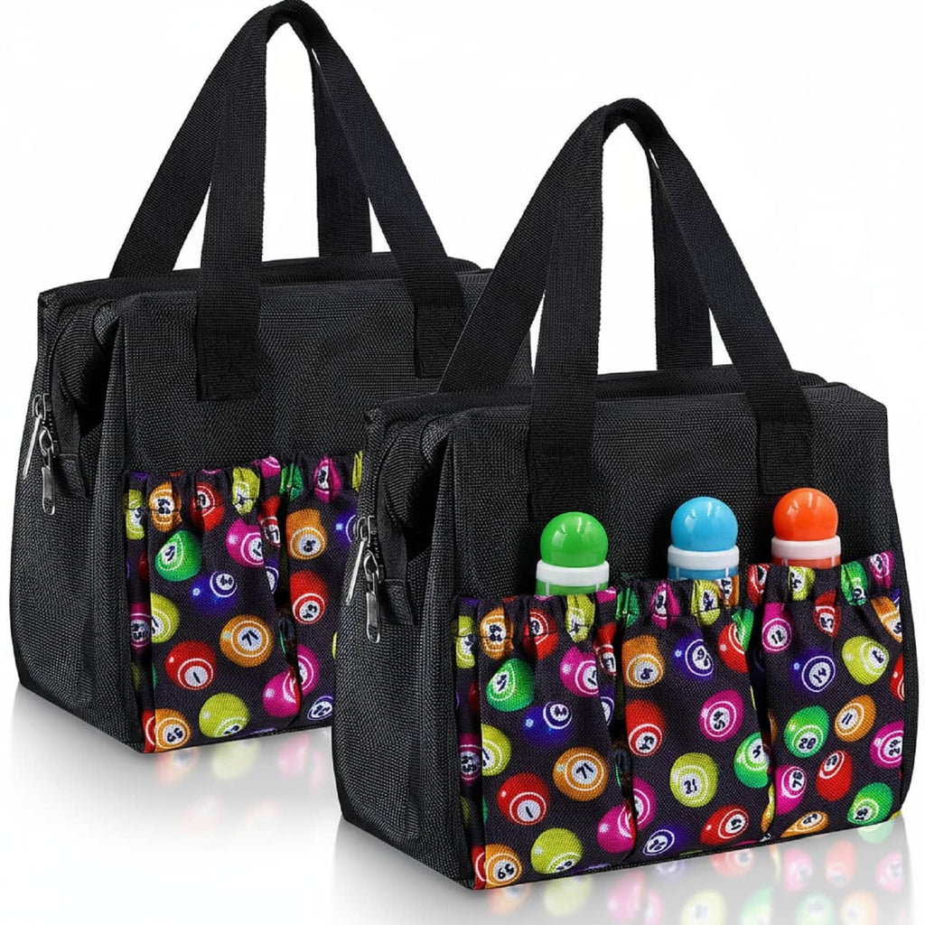 Pair of black bingo dauber bags with colorful dauber-pouch pockets and handles