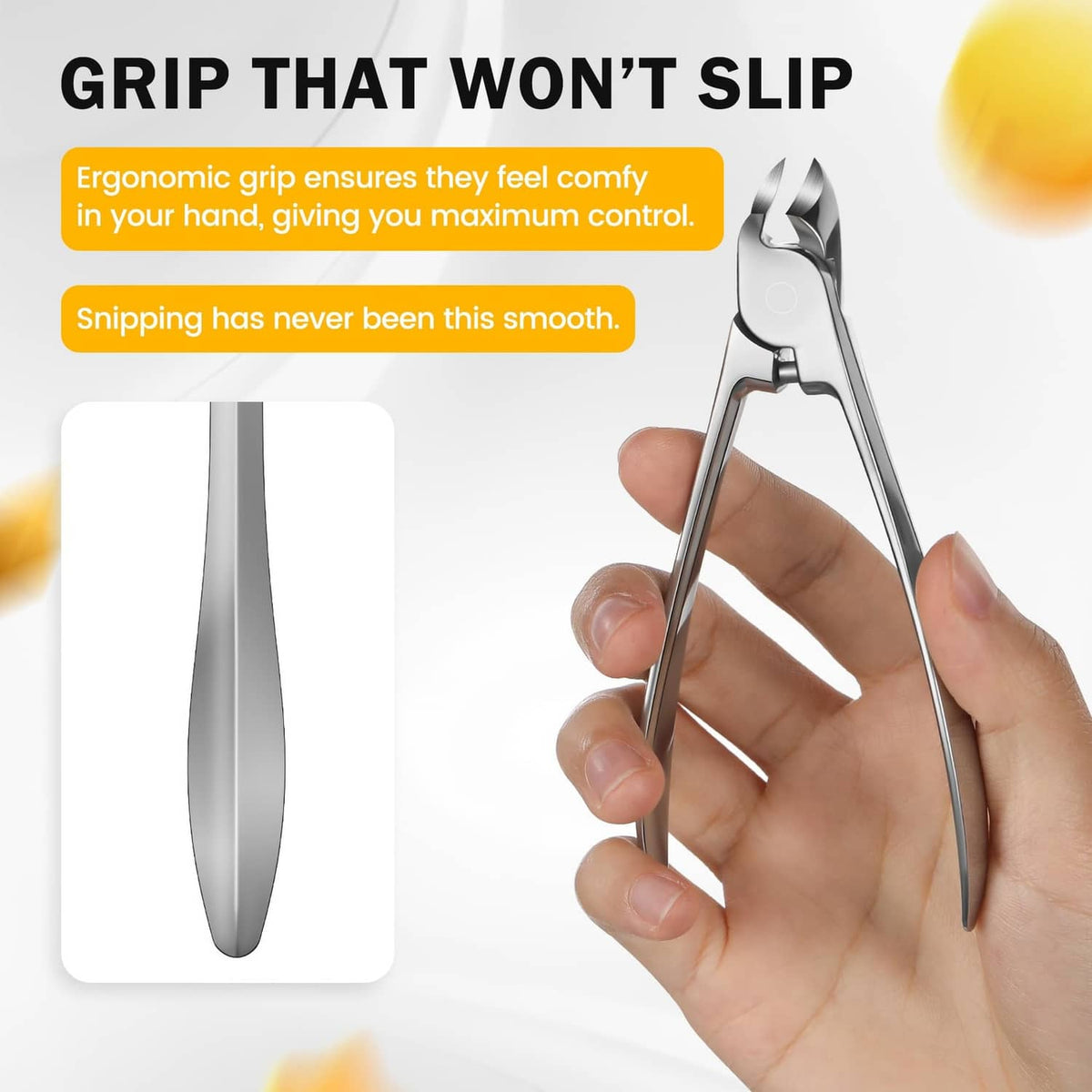 Silver toenail clipper with non-slip ergonomic grip for secure control