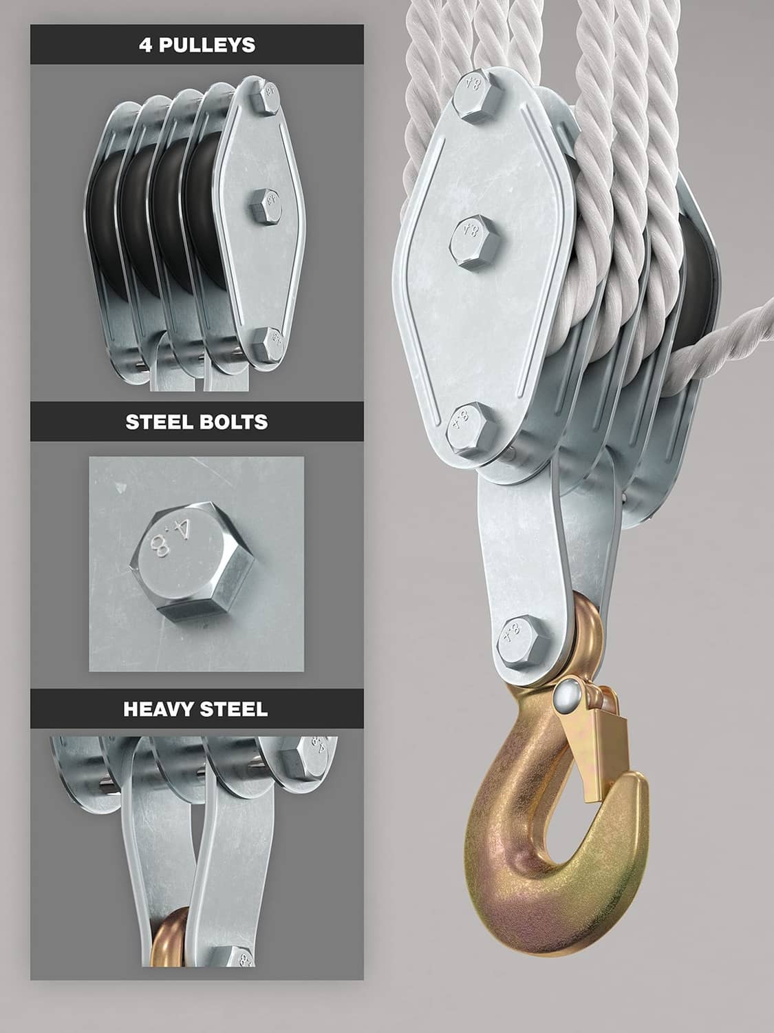 4-pulley block and tackle with steel frame and bolts, gold lifting hook