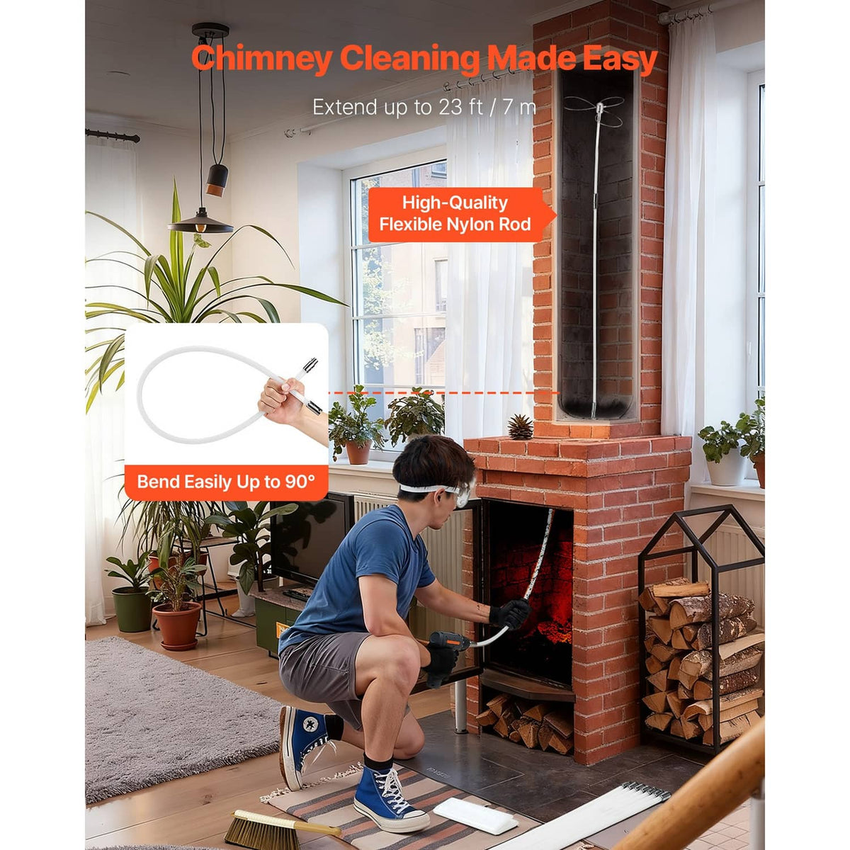 Flexible chimney cleaning rod with dual brush head and safety goggles for fireplace
