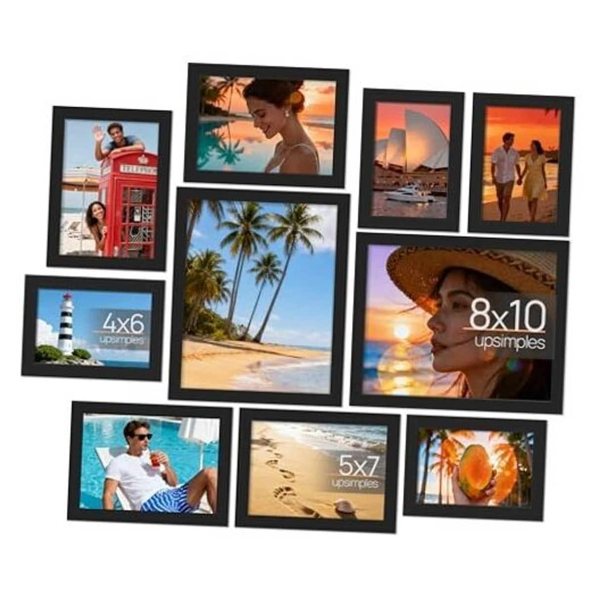 Black collage picture frame set with 10 photo frames in mixed sizes