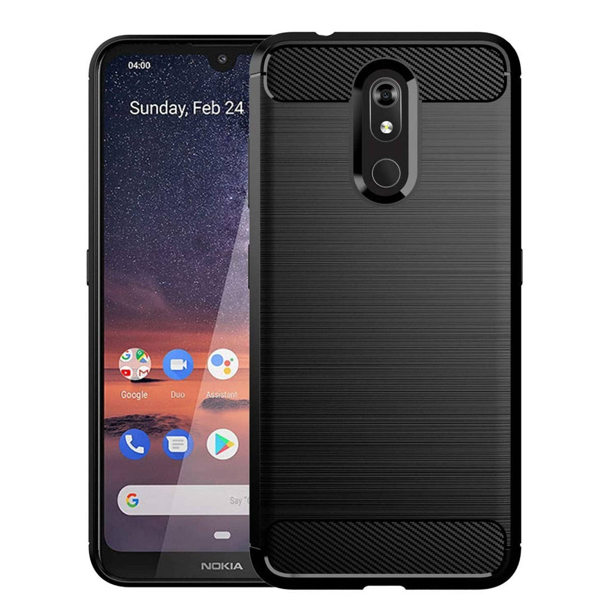 Black carbon-fiber style phone case with camera cutout and textured grip edges