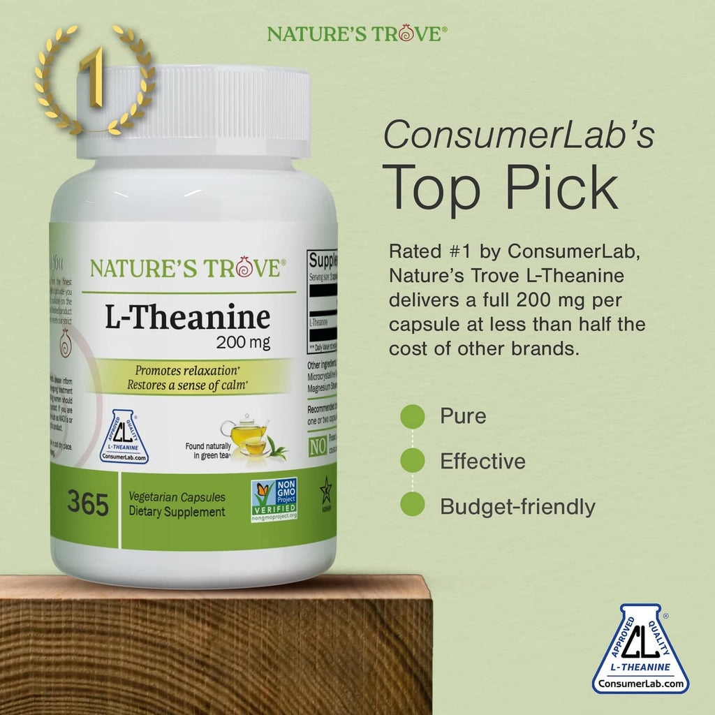 L-Theanine 200 mg 365 supplement bottle with award-style badge