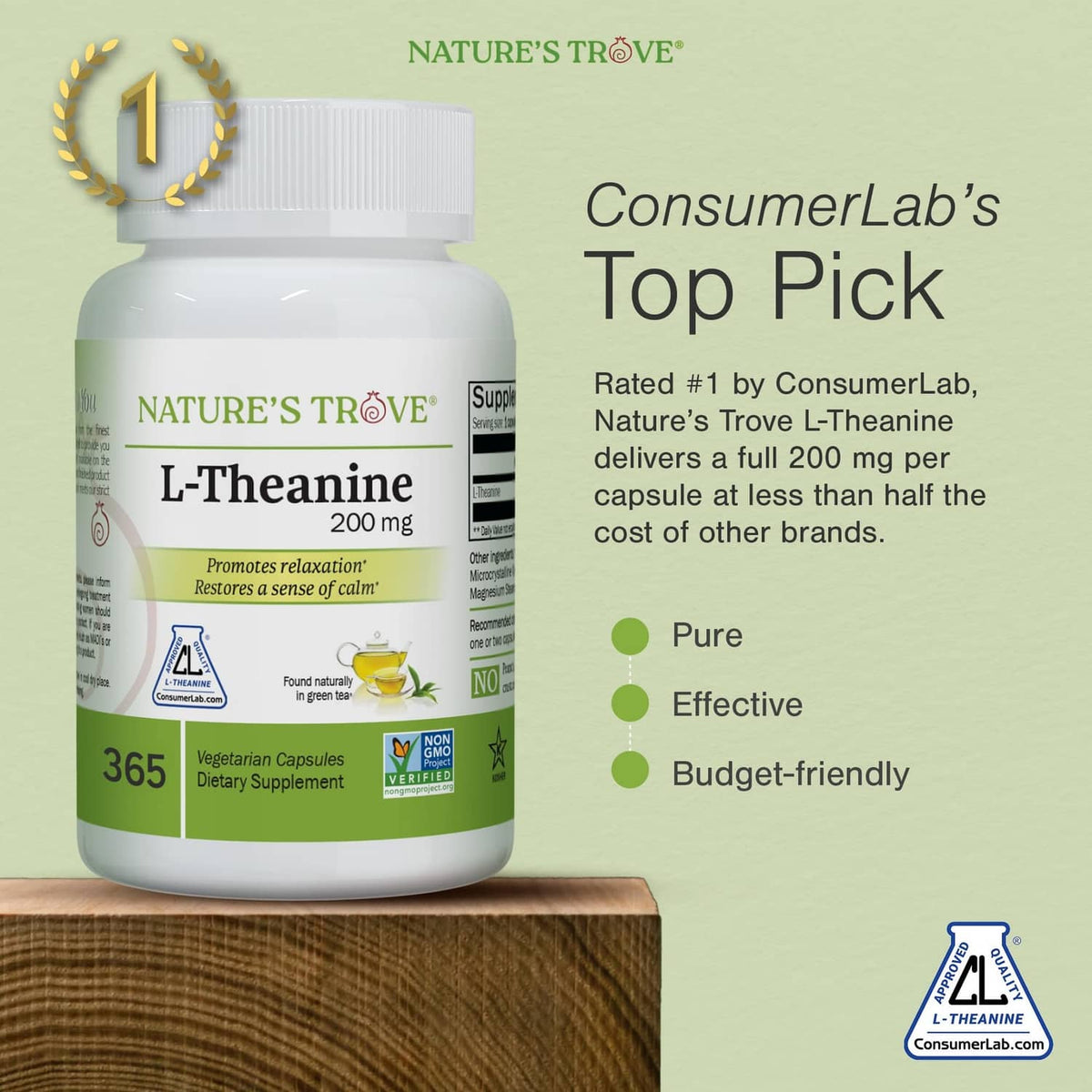 L-Theanine 200 mg 365 supplement bottle with award-style badge