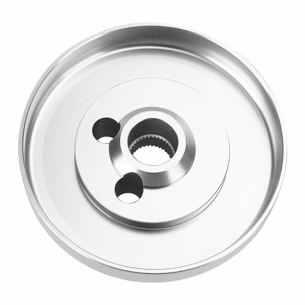 Polished aluminum steering wheel hub adapter with central splined ring and 3 mounting holes