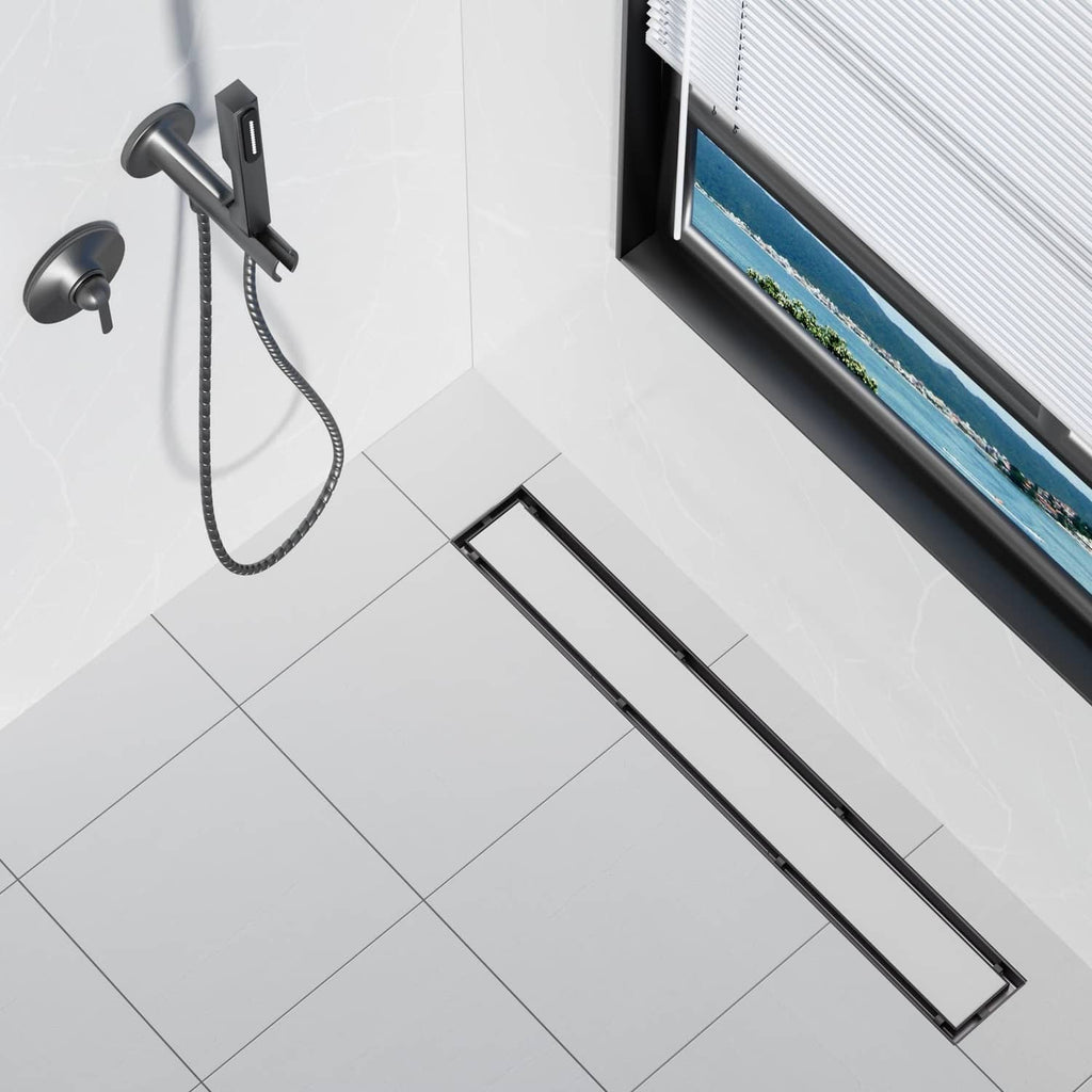 Matte black linear shower drain with slim rectangular cover and side frame