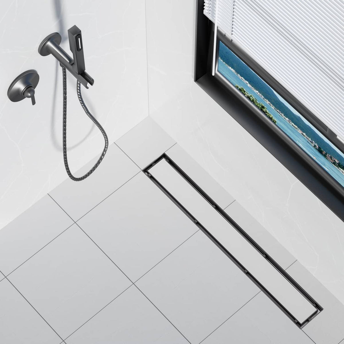 Matte black linear shower drain with slim rectangular cover and side frame